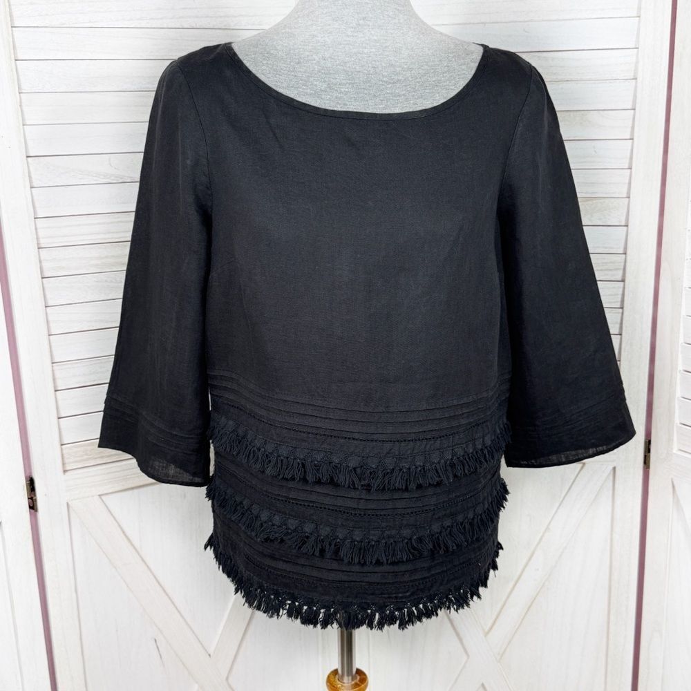 Anthropologie Meadow Rue Olathe Tiered Fringe Hem Linen Boxy Shirt Black Small